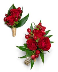 Crimson Corsage and Boutonniere Set from Brennan's Florist and Fine Gifts in Jersey City